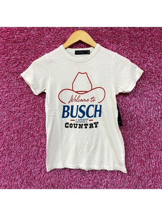 Junk Food Clothing Tops - Welcome to Busch Light Country Cowboy Hat White T-Shirt XS
